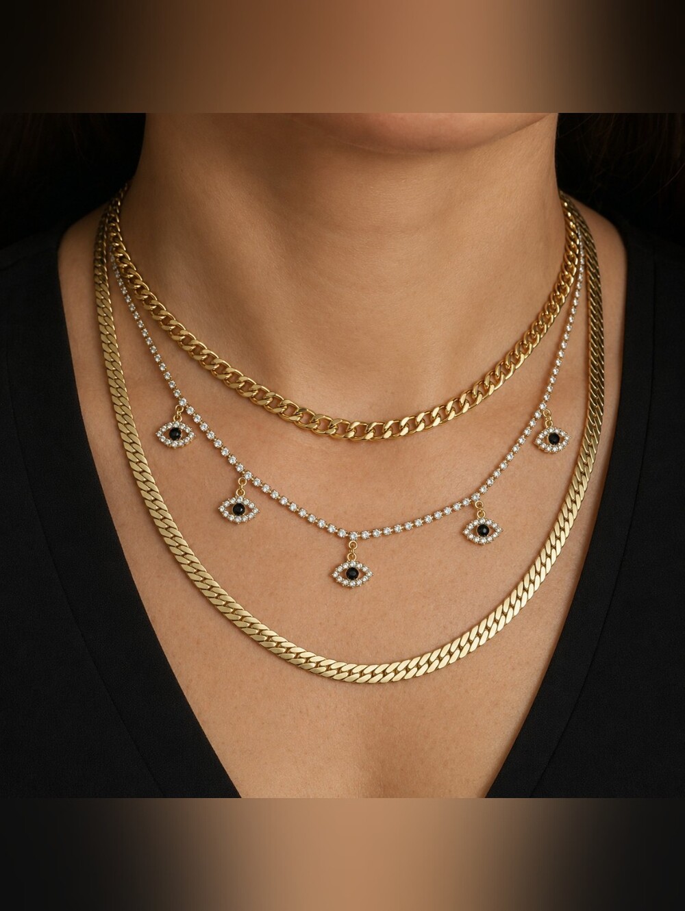 Gold Multi-Layer  Eye Necklace with Crystal Accents. Stainless Steel
